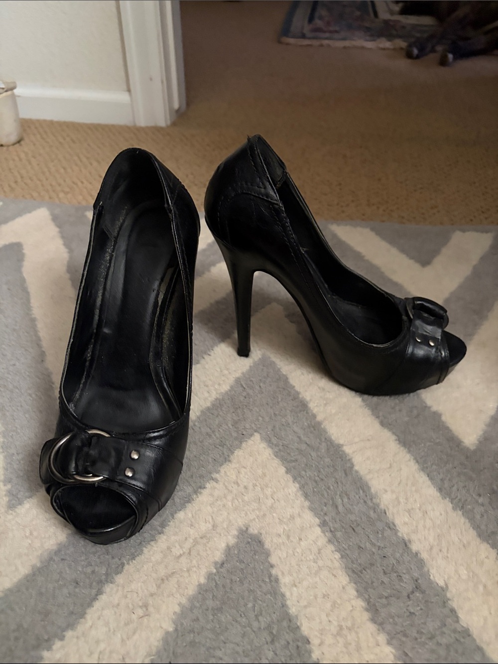 Paprika Black Peep-Toe Platform Stiletto Heels
